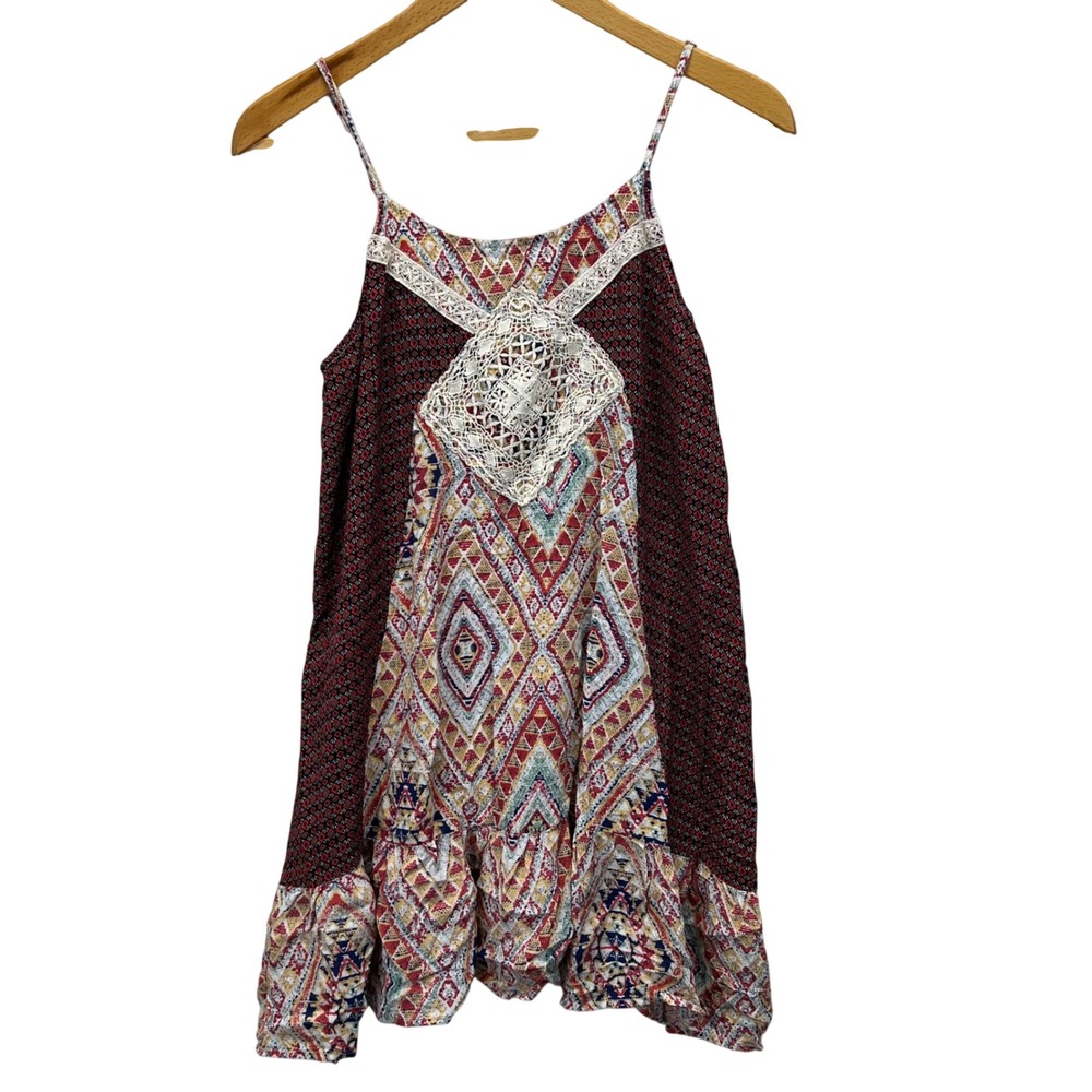 Umgee USA Boho Geometric Print Crochet Lace Trim Cami Dress Tunic Ruffle Small